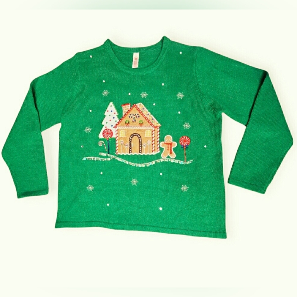 Holiday Green Gingerbread House Man Ugly Christmas Sweater Sequins & Embroidery